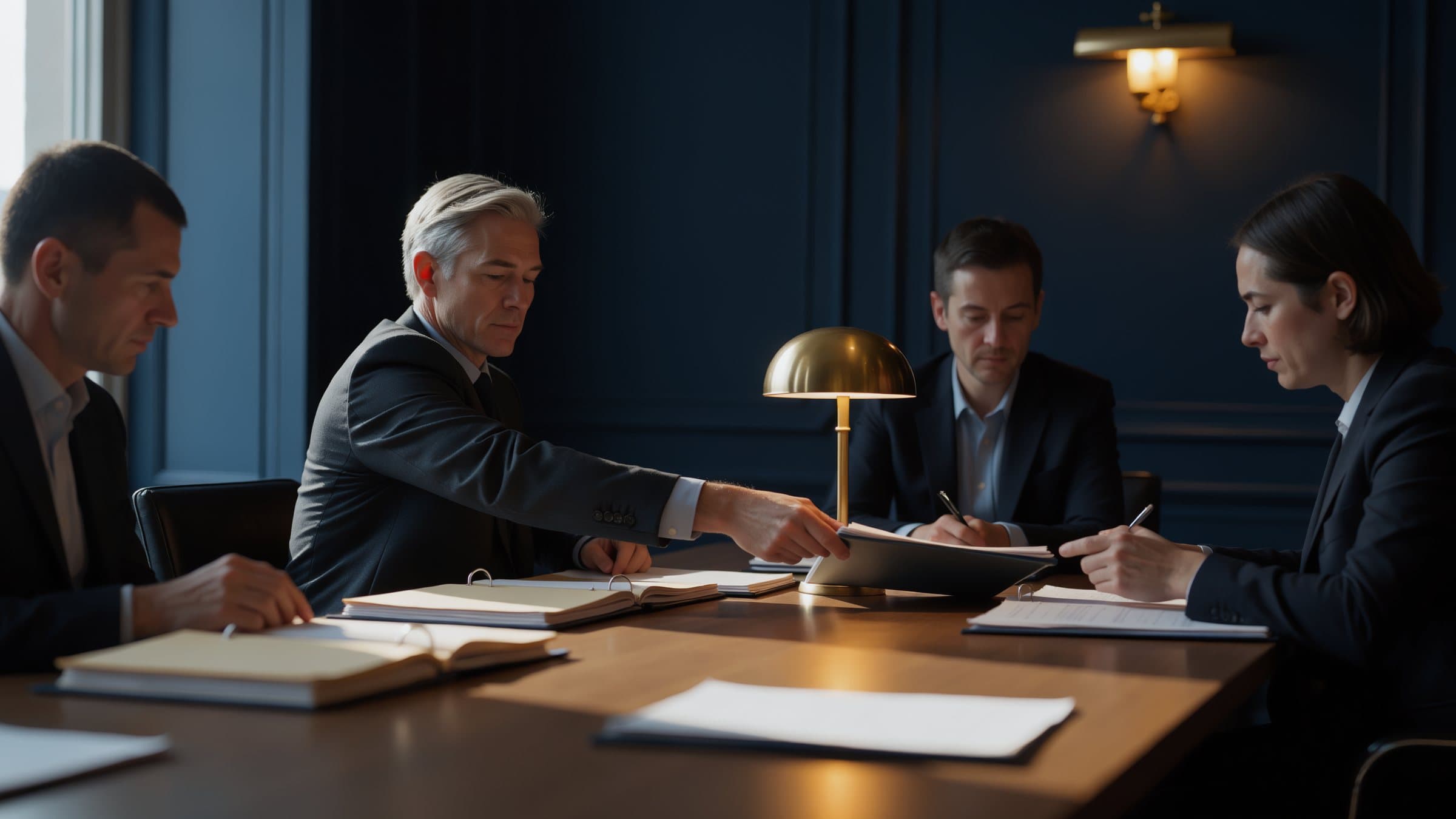 Four people at a boardroom table, passing documents under a brass lamp.